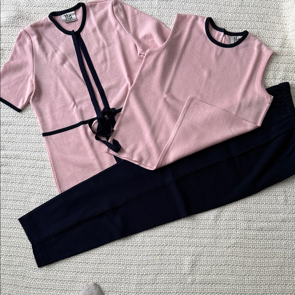 Pink & Black Trim Women’s Short-Sleeve Cardigan Set